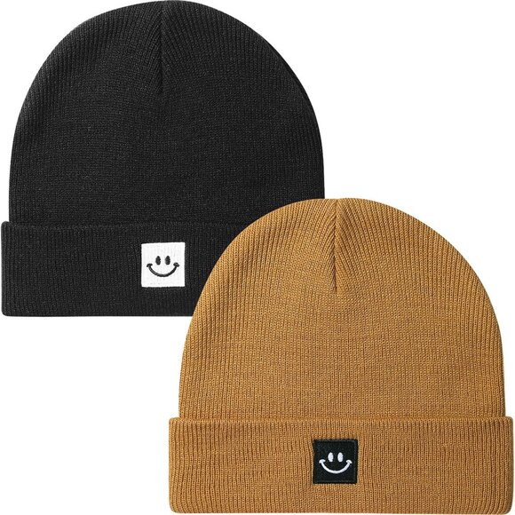 Fashionable 2-Pack Baby Beanies in Black & Camel – 0-8 Years Size Variety - Picture 1 of 6